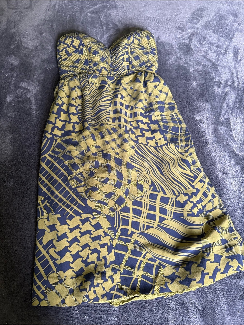 Anthropologie Strapless Navy and Olive Green Patterned Dress